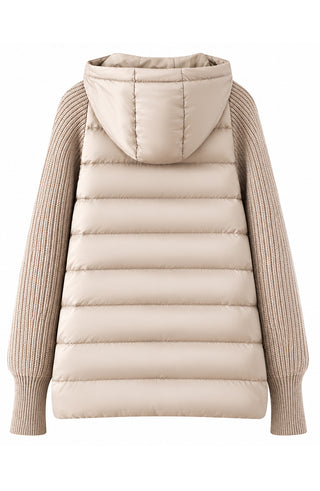 Camel hooded puffer vest with rear hood and ribbed knit sleeves