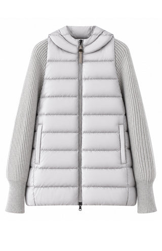 Light grey hooded puffer vest with ribbed knit sleeves and front zip, quilted panels