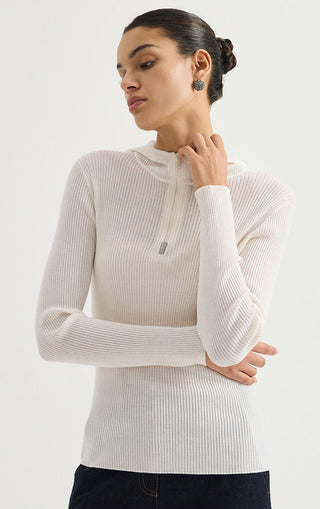 White fine wool ribbed half-zip hooded sweater, stand collar and long sleeves