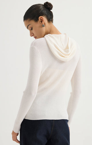 White ribbed hooded half-zip sweater from back, hood detail visible