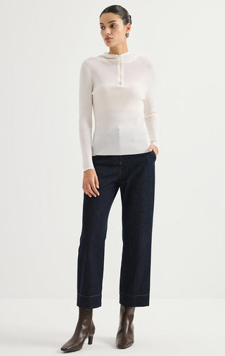 White fine wool ribbed half-zip hooded sweater with long sleeves and fitted waist