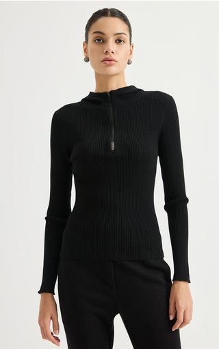 Black fine wool ribbed half-zip hooded sweater with long sleeves