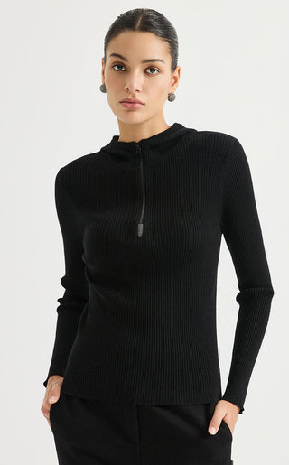 Black fine wool ribbed half-zip hooded sweater, front zipper and hood neckline