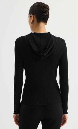 Black ribbed hooded half-zip sweater from back, hood detail visible
