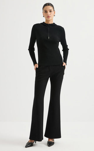 Black fine wool ribbed half-zip hooded sweater with long sleeves and zipper