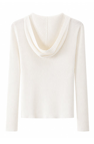 Cream ribbed half-zip hooded sweater with visible hood opening and long sleeves