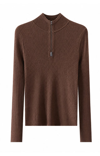 Brown ribbed half-zip hooded sweater, long sleeves, vertical zipper placket