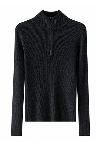 Black ribbed half-zip hooded sweater with stand collar and long sleeves