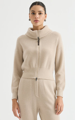 Camel wool-cashmere ribbed zip cardigan with stand collar and long sleeves.