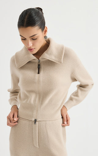 Camel wool-cashmere ribbed zip cardigan with front pockets and drawcord waist tie.