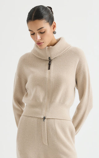 Camel ribbed zip cardigan with stand collar, long sleeves, and centered zipper.