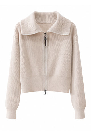 Camel wool-cashmere ribbed zip cardigan flat lay, stand collar and front zipper.