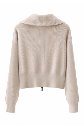 Camel wool-cashmere ribbed zip cardigan back view, stand collar and long sleeves.