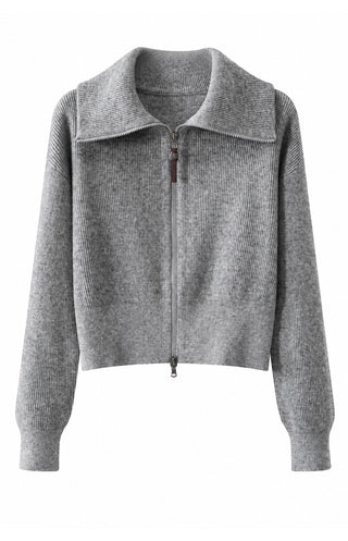 Grey wool-cashmere ribbed zip cardigan flat lay with stand collar and front zipper.