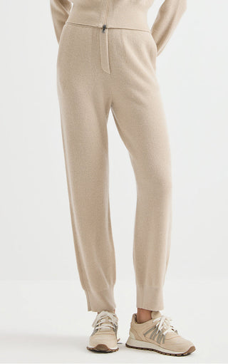 Camel wool-cashmere ribbed knit pants with tapered leg and elastic ankle cuffs