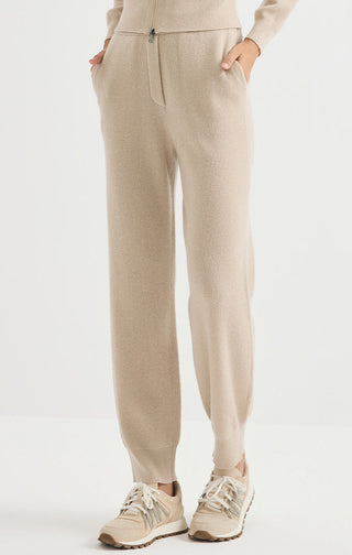 Camel ribbed knit jogger pants with drawstring waist and tapered ankle