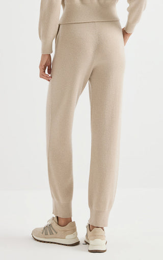 Camel ribbed knit pants with relaxed tapered fit and ankle cuff