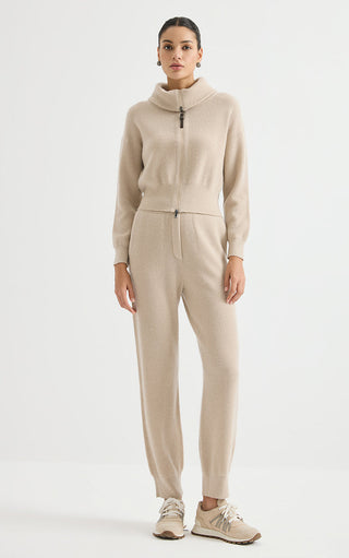 Camel wool-cashmere ribbed knit pants with zip-up waistband and tapered legs