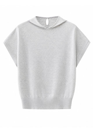 Light grey cashmere funnel-neck knit top with short sleeves and ribbed trim