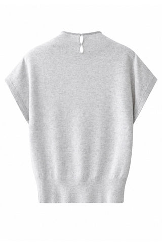 Light grey cashmere knit top with funnel neck and keyhole button closure at back
