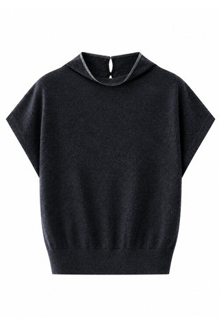 Black cashmere funnel-neck knit top with short sleeves and ribbed trim