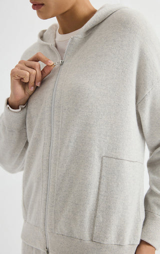Light grey cashmere zip-up hoodie with stand collar and front kangaroo pocket