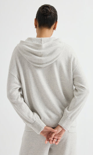 Light grey cashmere zip-up hoodie back view with hood and ribbed hem cuffs