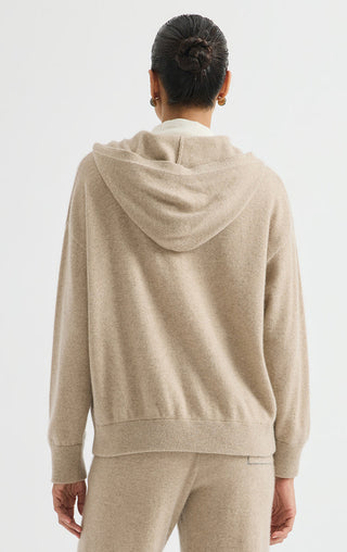 Camel cashmere zip-up hoodie back view with hood and ribbed waistband