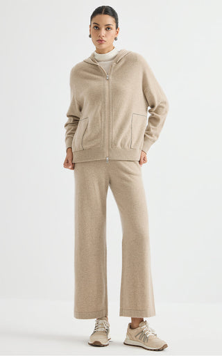 Camel cashmere zip-up hoodie with full zipper, hood, and matching drawstring pants