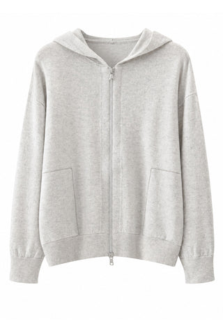 Light grey cashmere zip-up hoodie with hood, full front zipper, and side pockets