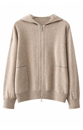 Camel cashmere zip-up hoodie with hood, full front zipper, and side pockets