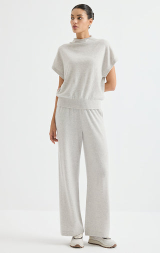 Light grey cashmere wide-leg pants with high-rise waist and side pockets