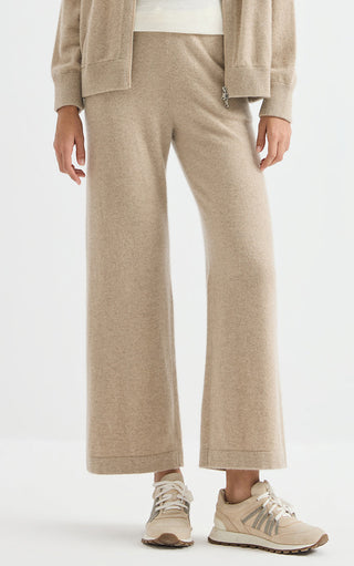 Camel cashmere wide-leg pants with side pockets and wide, straight legs