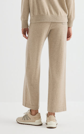 Camel cashmere wide-leg pants with relaxed straight silhouette and ankle-length hem