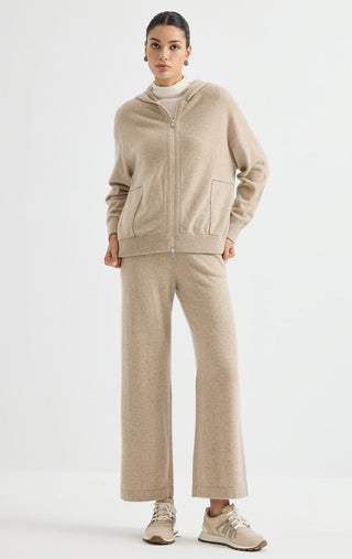 Camel cashmere wide-leg pants with full-length legs and side pockets