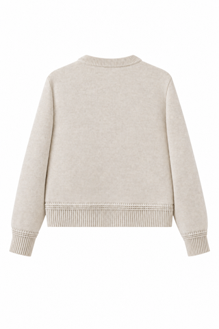 Beige knit down coat back with crew neck and ribbed hem and cuffs