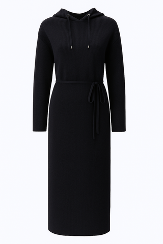 Black wool hooded knit dress with waist tie and drawstring hood, long sleeves