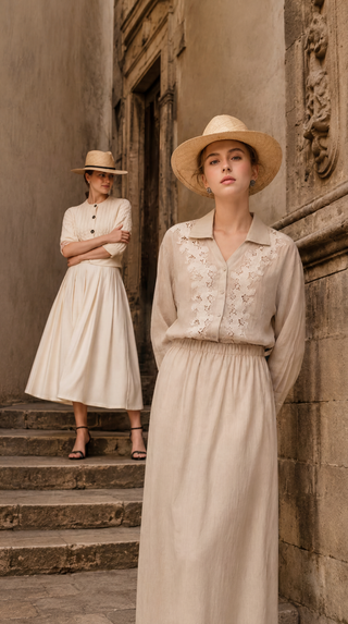 Two models wearing neutral summer womenswear in a European stone alley with soft natural light