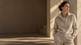 Woman wearing a soft beige zip knit jacket and matching trousers in warm natural light for the SERATHINAN Fall-Winter collection.