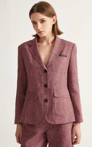 Rose linen-cotton tailored jacket with notch lapels, button front, and chest pocket