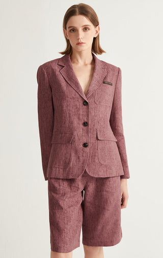 Rose linen-cotton tailored blazer with flap pockets and three-button front