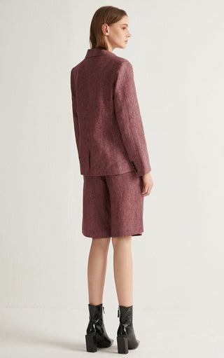 Rose linen-cotton tailored jacket back view with single vent and flap hem