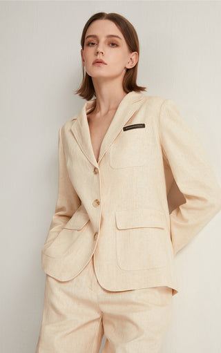 Apricot linen-cotton tailored jacket with notch lapels, button front, and chest pocket