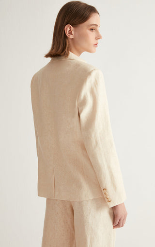 Light beige linen-cotton tailored jacket, back view, button cuffs, pocket label detail