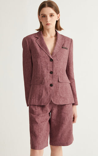 Reddish-mauve linen bermuda shorts with button-closure waist, tailored boxy fit