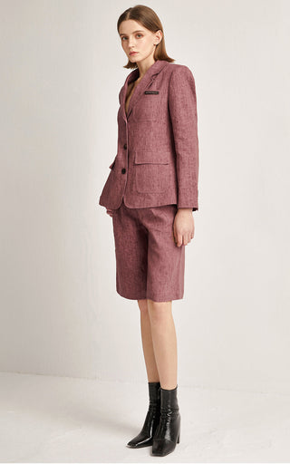 Reddish-mauve linen bermuda shorts, front pocket, tailored pleats, cuffed hem