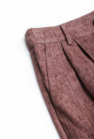 Red linen tailored bermuda shorts with pleated front and waistband button