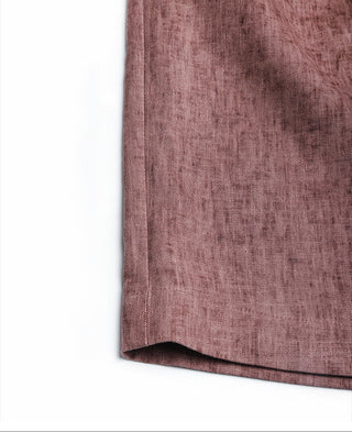 Red linen tailored bermuda shorts, curved back hem and stitched waistband