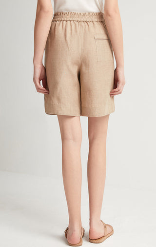 Khaki linen elastic-waist tailored shorts, side view with pocket