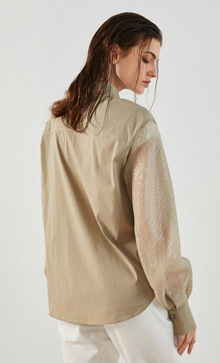 Grayish-green cotton-blend shirt with sheer sleeves, back view and back yoke seam